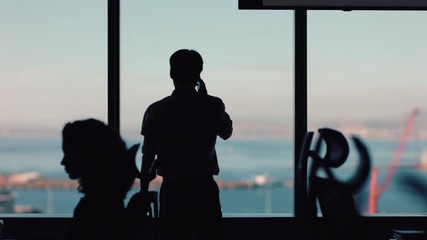silhouette of businessman using smartphone having phone call chatting on mobile phone looking out window corporate executive discussing sales working late in busy office  - Powered by Adobe