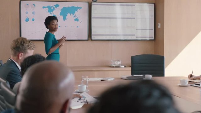business woman presenting financial data on tv screen sharing project with shareholders team leader briefing colleagues discussing company growth ideas in office boardroom presentation