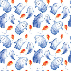 Watercolor seamless background a little Ghost and a red balloon. Curious round eyes, friendly expression. Happy Halloween. Graphic watercolor painting on white background.