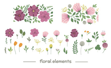 Vector floral clip art set with seamless border brushes. Flat trendy illustration with flowers, leaves, branches. Meadow, woodland, forest elements isolated on white background..