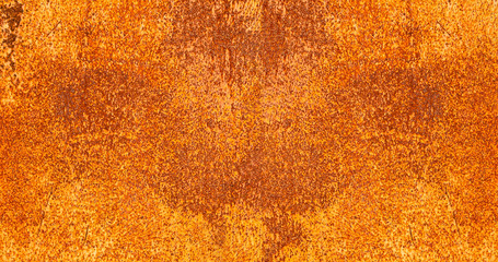 Panoramic bright red-orange iron sheet. Rust compound is an iron oxide. Deep rust, oxide and corrosion texture on a metal surface.