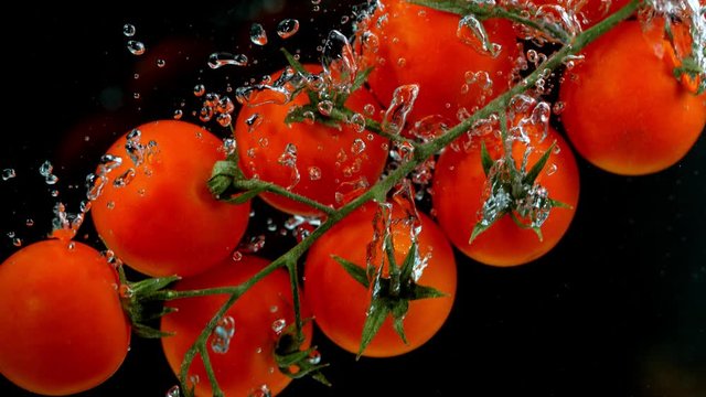 Super slow motion of falling tomatoes into water. Filmed on high speed cinema camera, 1000fps