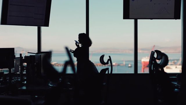 silhouette of business woman using smartphone having phone call chatting on mobile phone looking out window corporate executive discussing sales working late in busy office 