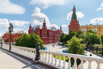 View of State Historical Museum from Manezhnaya Square in Moscow at sunny summer morning