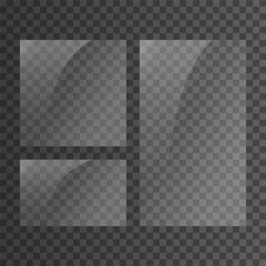 Glass plate set on transparent background. Clear glass showcase. Realistic window mockup. Reflecting rectangle glass banner. Stock vector illustration