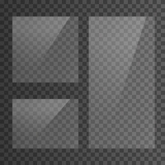 Glass plate set on transparent background. Clear glass showcase. Realistic window mockup. Reflecting rectangle glass banner. Stock vector illustration