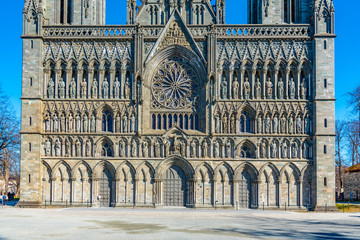 View of the main facade of Nidaros cathedral in trondheim, Norway