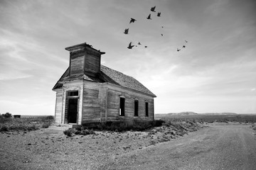 Exterior view of abandoned wooden chapel