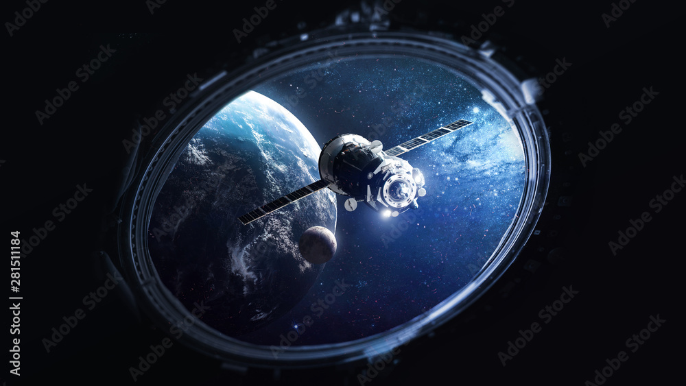 Poster international space station with space ship on orbit of the earth planet. view from porthole. iss.el