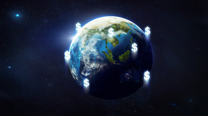 Earth globe with money signs. Dollars. Economics and finance concept. Elements of this image furnished by NASA.