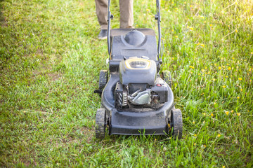 Lawn mower during operation. It's time to mow the grass. Care of a country site of the earth.