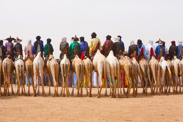 Rear view of men riding camels in desert