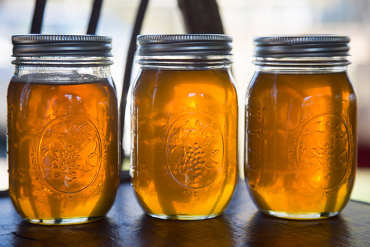 Close Up Of Honey Jars