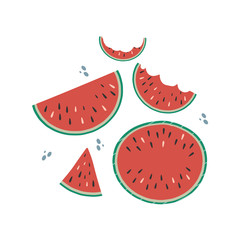 A set of drawings of red watermelons on a white background. Doodle drawing. Vector drawing by hand.