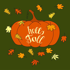 Hello fall lettering typography vintage banner orange pumpkin, fall leaves stock vector illustration for web