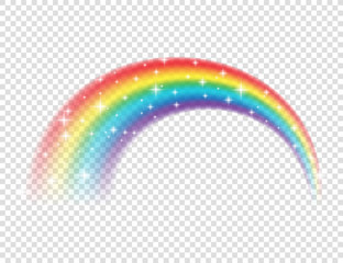 Abstract Realistic Colorful Rainbow with Shiny Stars on Transparent Background. Vector illustration.