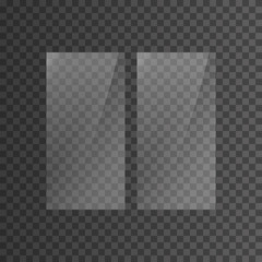 Glass plate set on transparent background. Clear glass showcase. Realistic window mockup. Vector illustration