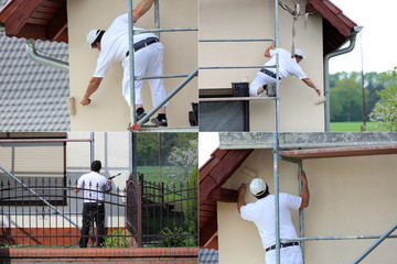 Malarz na rysztowaniu w trakcie malowania ściany budynku wałkiem, cztery zdjęcia, kolaż.  © Stanisław Błachowicz