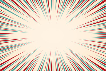 Vintage radial lines comics style backround. Manga action, speed abstract. Universe hyperspace teleportation background. Sunburst texture. Vector illustration