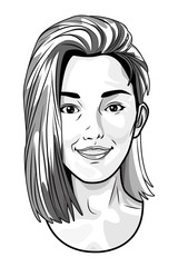 Pop art beautiful woman face smiling in black and white