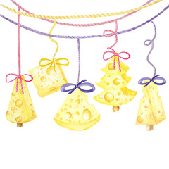 Christmas cheese tree. New year greeting card 2020. Watercolor drawing piece of triangular yellow cheese. Mouse favorite food. Illustration on white background