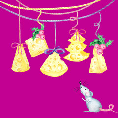 Christmas cheese tree with rat. New year greeting card 2020. Watercolor drawing piece of triangular yellow cheese. Mouse favorite food. Illustration on white background
