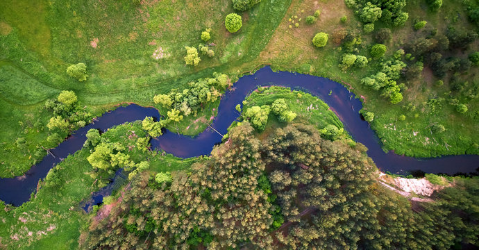 Aerial landscape - wild river in summer