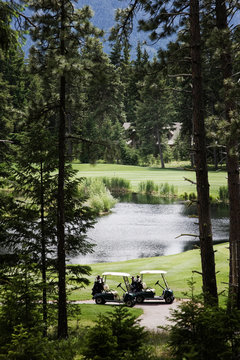 Two golf carts parked on golf course