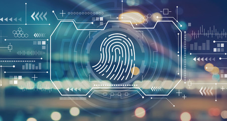 Fingerprint scanning theme with blurred city abstract lights background