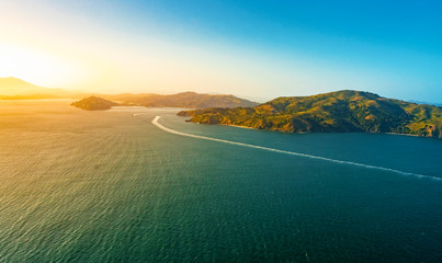 Aerial view of Angel Island at sunset off the coast of San Francisco