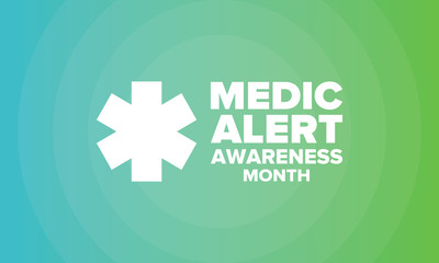 Obraz premium Medic Alert Awareness Month in August. Medical bracelets. First aid, emergency. Medical design. Celebration in United States. Poster, greeting card, banner and background. Vector illustration