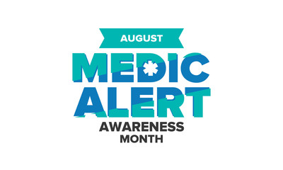 Medic Alert Awareness Month in August. Medical bracelets. First aid, emergency. Medical design. Celebration in United States. Poster, greeting card, banner and background. Vector illustration