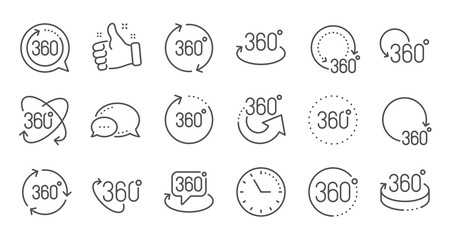 360 degrees line icons. Rotate arrow, VR panoramic simulation and augmented reality. 360 degrees virtual gaming, abstract geometry, full rotation view icons. Linear set. Quality line set. Vector