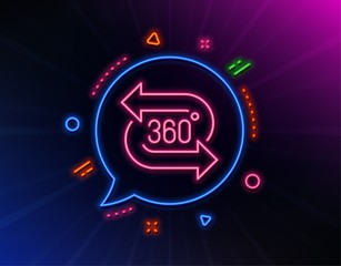 360 degree line icon. Neon laser lights. VR technology simulation sign. Panoramic view symbol. Glow laser speech bubble. Neon lights chat bubble. Banner badge with 360 degree icon. Vector