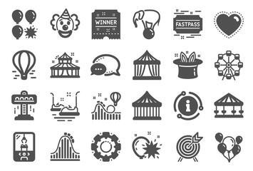 Amusement park icons. Set of Carousel, Roller coaster and Circus icons. Air balloon, Crane claw machine and Fastpass symbols. Circus amusement park tickets. Ferris wheel carousel. Quality set. Vector