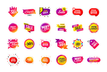 Sale banner badge. Special offer discount tags. Coupon shape templates design. Cyber monday sale discounts. Black friday shopping icons. Best ultimate offer badge. Super discount icons. Vector banners