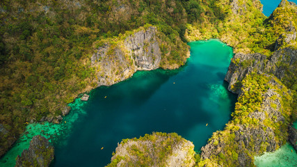 Aerial view of beautiful lagoons and limestone cliffs of El Nido, Palawan, Philippines