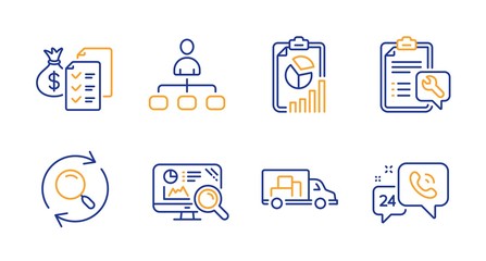 Accounting wealth, Report and Search line icons set. Spanner, Truck transport and Seo analytics signs. Management, 24h service symbols. Audit report, Presentation chart. Technology set. Vector