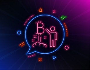 Bitcoin line icon. Neon laser lights. Cryptocurrency startup sign. Crypto project symbol. Glow laser speech bubble. Neon lights chat bubble. Banner badge with bitcoin project icon. Vector