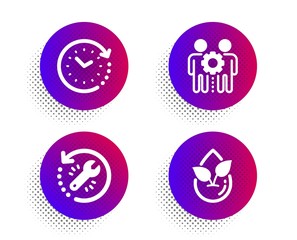 Employees teamwork, Time change and Recovery tool icons simple set. Halftone dots button. Organic product sign. Collaboration, Clock, Backup info. Leaf. Science set. Vector