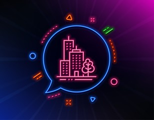 Skyscraper buildings line icon. Neon laser lights. City architecture with tree sign. Town symbol. Glow laser speech bubble. Neon lights chat bubble. Banner badge with skyscraper buildings icon. Vector
