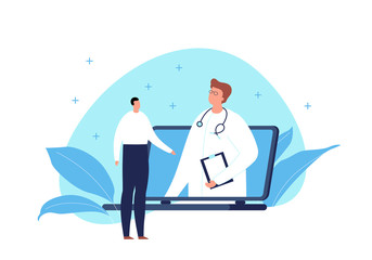 Vector modern flat online medicine banner template illustration. Doctor standing in pc screen and talking with male patient on fluid blue shape on white. Design for web, hospital, clinic, infographic