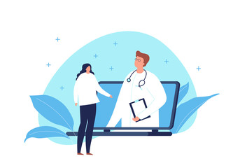 Vector modern flat online medicine banner template illustration. Doctor standing in pc screen and talking with woman patient on fluid blue shape on white. Design for web, hospital, clinic, infographic