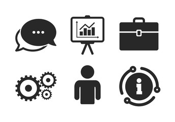 Human silhouette and presentation board with charts signs. Chat, info sign. Business icons. Case and gear symbols. Classic style speech bubble icon. Vector