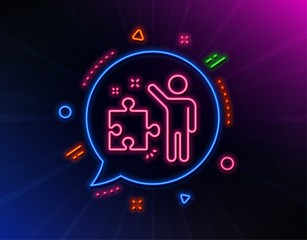 Strategy line icon. Neon laser lights. Business management sign. Puzzle symbol. Glow laser speech bubble. Neon lights chat bubble. Banner badge with strategy icon. Vector