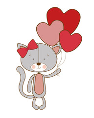 cute cat with helium balloons on white background