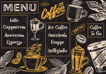 Coffee menu background in vintage style. Vector Template Banner. Hand drawn engraved poster, retro doodle sketch for Cafe. Cup and calligraphic inscription.