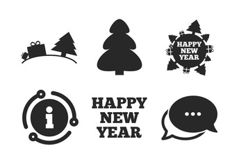 Christmas trees signs. Chat, info sign. Happy new year icon. World globe symbol. Classic style speech bubble icon. Vector