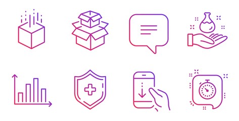Scroll down, Medical shield and Diagram graph line icons set. Augmented reality, Chemistry lab and Text message signs. Packing boxes, Timer symbols. Swipe phone, Medicine protection. Vector