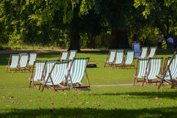 Deck chairs in St. James's Park, London, UK